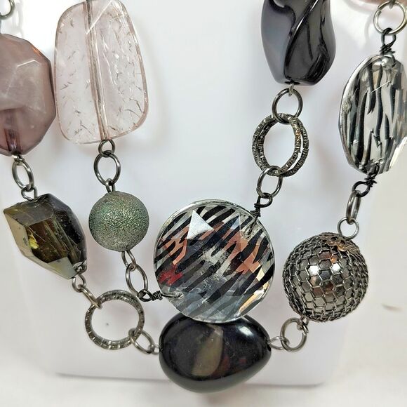 Gunmetal Chain Statement Necklace Zebra Print Beads Faceted Artisan 17" - 19" - Picture 4 of 14